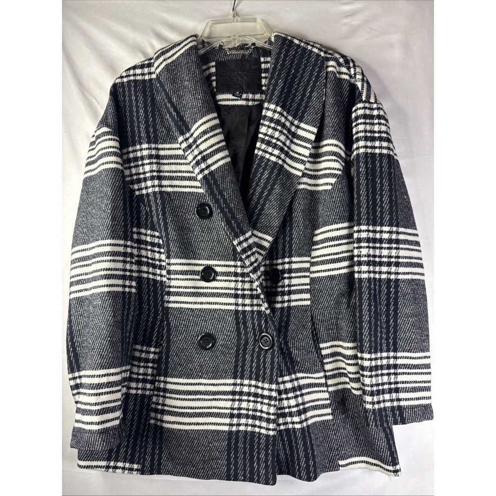 Womens JouJou‎ Black White Plaid Wool Blend Peacoat Size M Trench Preppy Goth